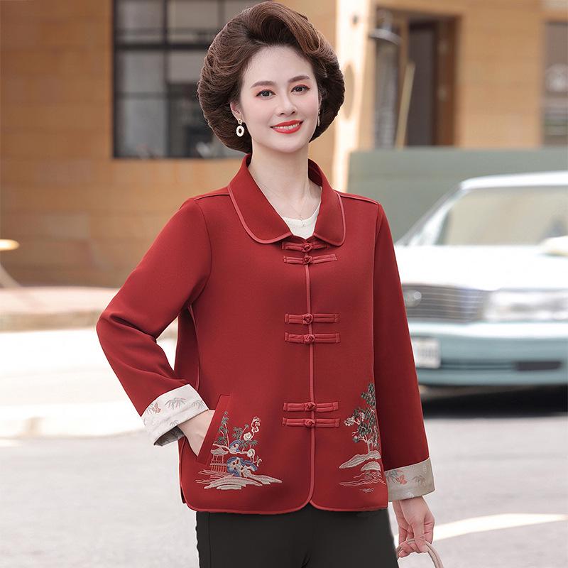 Mom's Autumn Chinese Embroidered Coat: Fashionable Turn-Down Collar Cardigan for Middle-Aged & Elderly Women