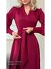 2025 European & American Women's Slim French V-Neck Long Dress with Tie-Up, Slit, and Long Sleeves