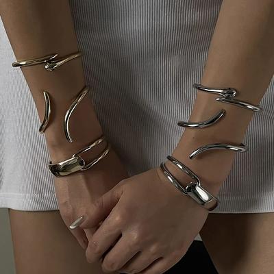 DIEZI Exaggerated Simple Geometric Cuff Spring Bangles Fashion Punk Gold Silver Color Heavy Metal Bracelet For Women Men Jewelry