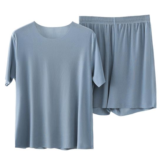 

2 шт./комплект. Чоловічий одяг для відпочинку з круглим вирізом і короткими рукавами. Набір шортів із широкими штанинами на еластичній талії. Однотонний комплект домашнього одягу з крижаного шовку. Безшовний піжамний комплект. 4XL синій