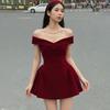 2026 European and American autumn new solid color one-word collar slim waist temperament bow dress women