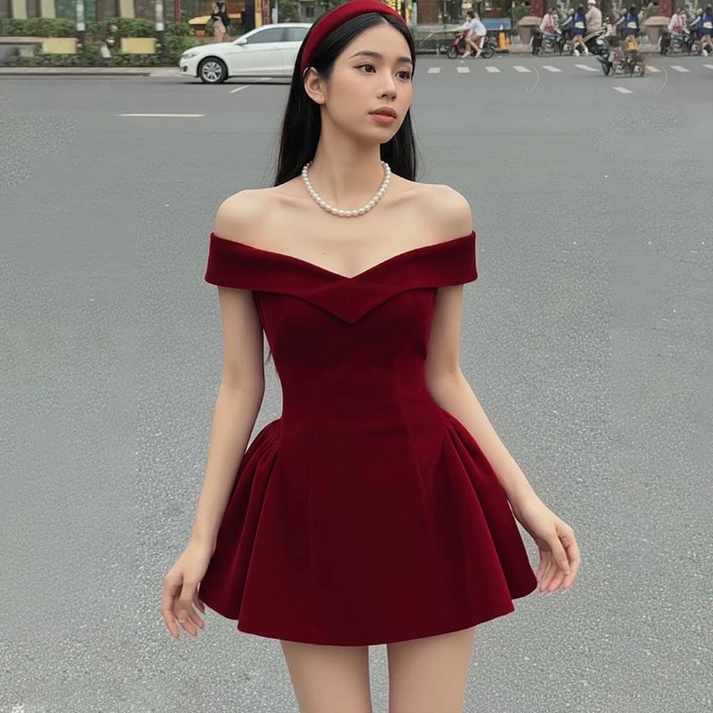 2026 European and American autumn new solid color one-word collar slim waist temperament bow dress women