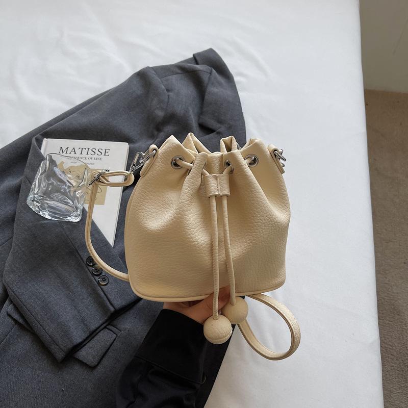 New Womens Fresh Drawstring Shoulder Bag Casual Minimalist Crossbody Underarm Bag Fashion Lychee Grain Bucket Phone Coin Bag