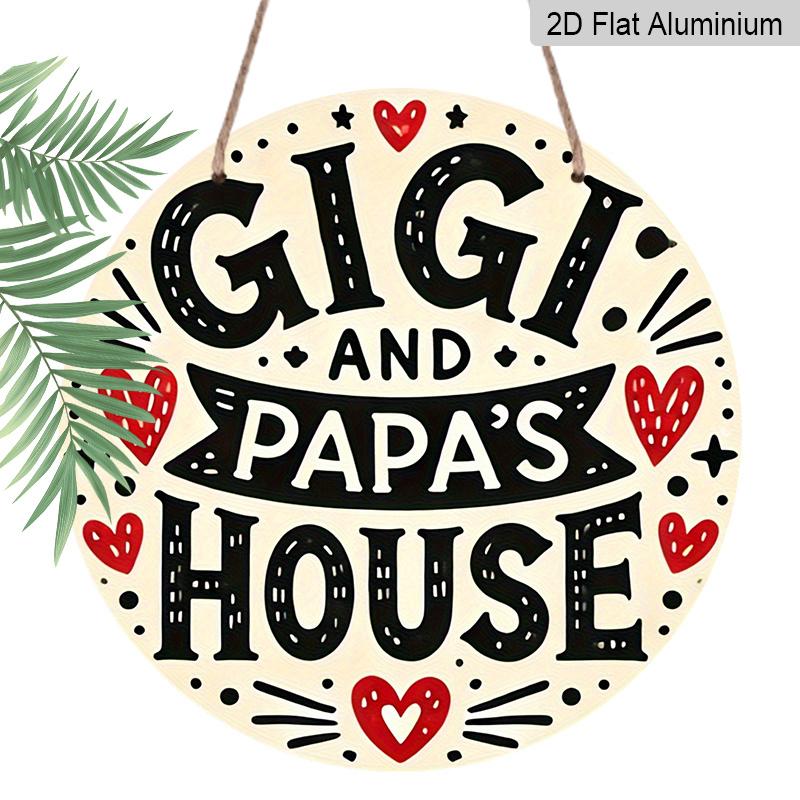 

2D Flat, 1pc Round Aluminum Gigi and Papa s House Sign, Cute Heart & Star Wall Decor, Whimsical Black and White Style, Waterproof & Durable 7.87×7.87inch