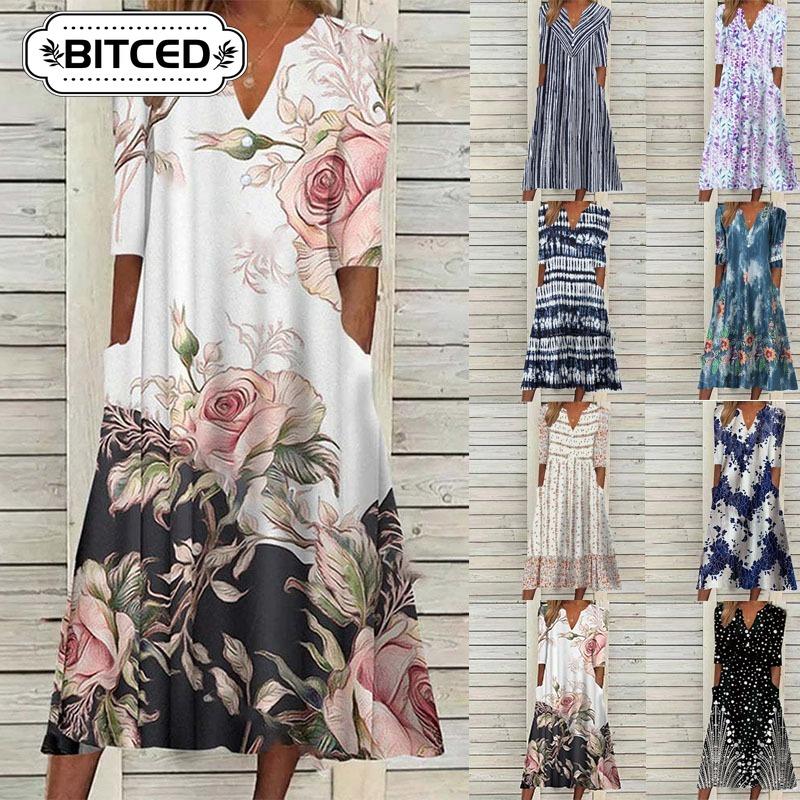 BITCED Fashion Summer Spring Solid Color Print 1/2 Sleeves V-Neck Casual Dresses