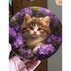 1pc Round Aluminum Metal Wall Sign Retro Kitten Purple Floral Waterproof Pet Lover Decor