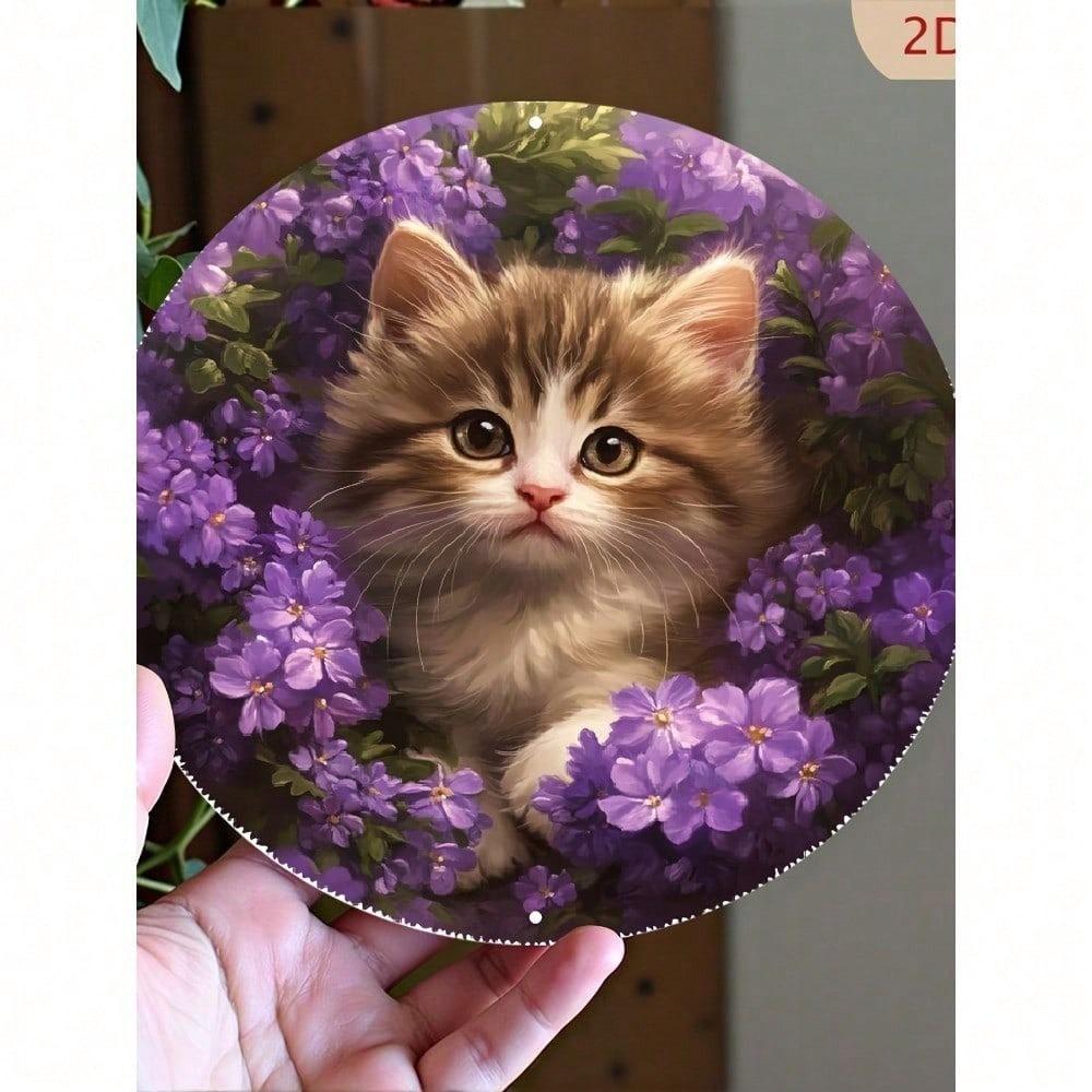 1pc Round Aluminum Metal Wall Sign Retro Kitten Purple Floral Waterproof Pet Lover Decor