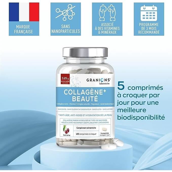 Collagène+ Beauté GRANIONS | Collagène Marin| Acide Hyaluronique + Vitamine C + Magnésium | 120cp | Goût Cerise | Made In France