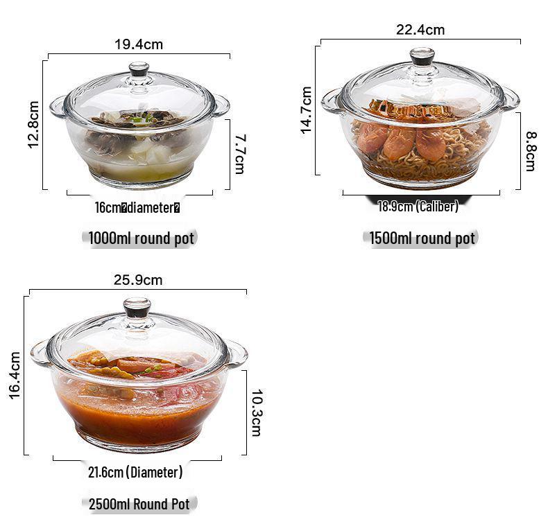Heat-Resistant Crystal Cookware Set: 2.5L Tempered Glass Pot with Handles, 1.5L Soup Bowl, 1L Pot, Each with Lids, Three Upgraded Sizes.