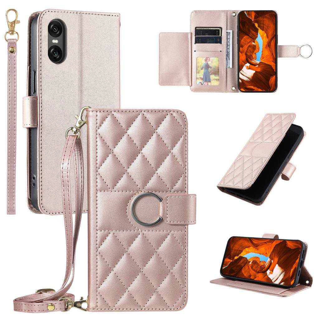 For Sony Xperia 5 V Crossbody Leather Case Ring Buckle Wallet Stand Rhombus Mobile Cover