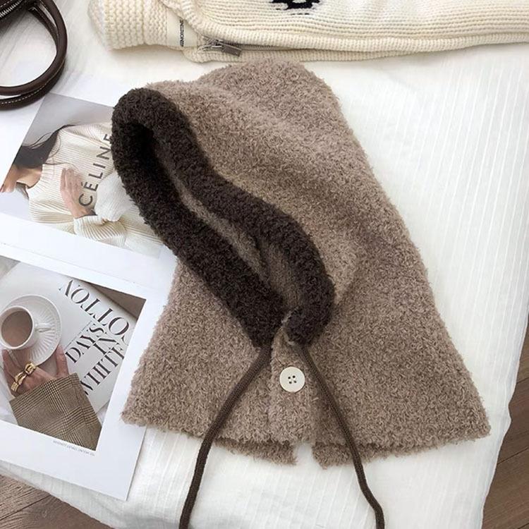 Two-color Spliced Plush Balaclava Hat Women's Winter Drawstring Warm Windproof Ear Protector Neck Pullover Hat