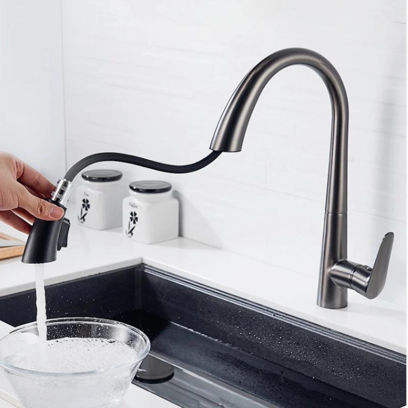 Robinet d'évier de cuisine gris canon dissimulé extractible robinet chaud et froid laiton acier inoxydable