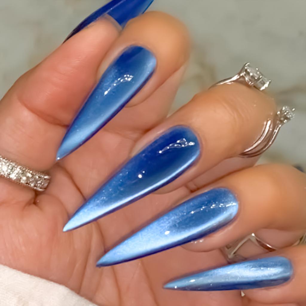 24pcs Women Full Cover Artificial Nail Cat Eye Dark Blue Press on Nails for DIY At-Home Manicure Kit