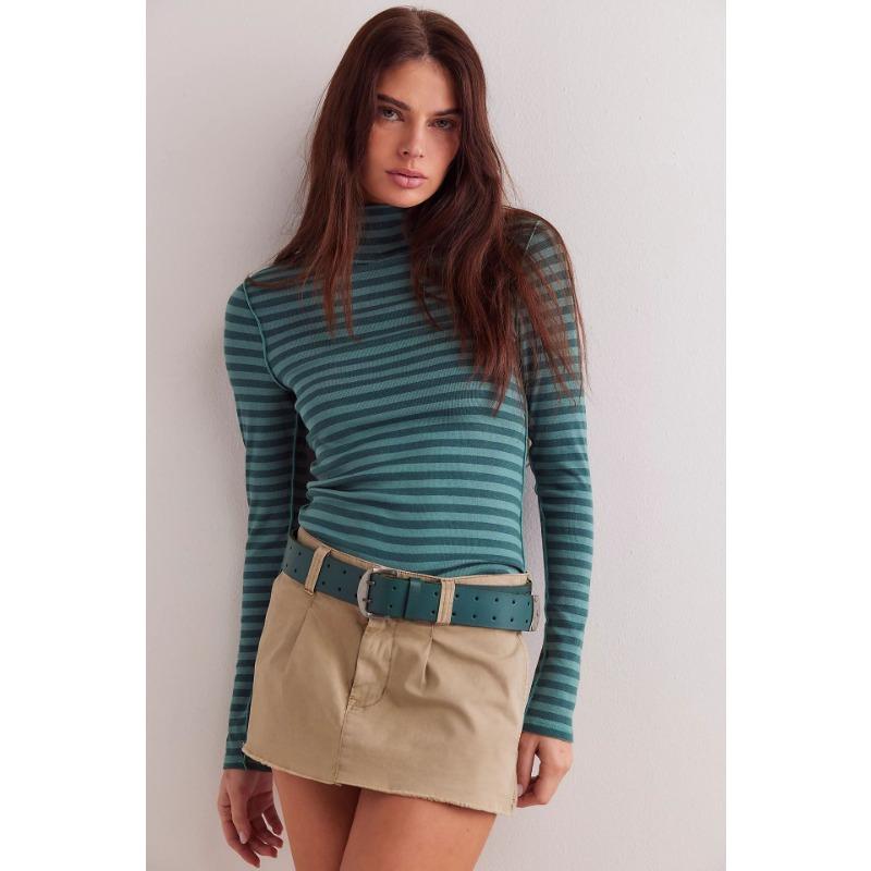 Women S Striped Print Half High Neck Fitted Long Sleeve T Shirt Base Layer Top