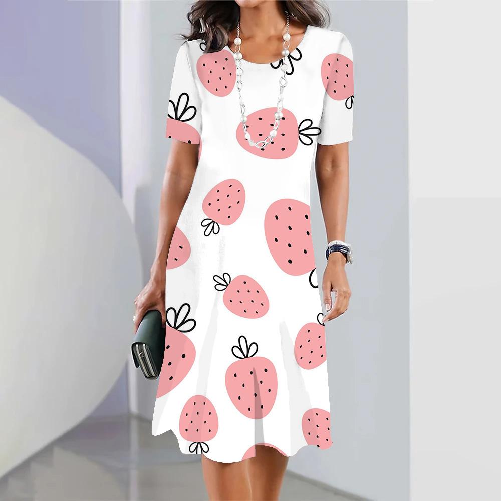 Cute Strawberry Printed Women's Long Dresses Summer Fashion Beach Wear Short Sleeves Hawaiian Style Maxi Dress For Lady Clothing