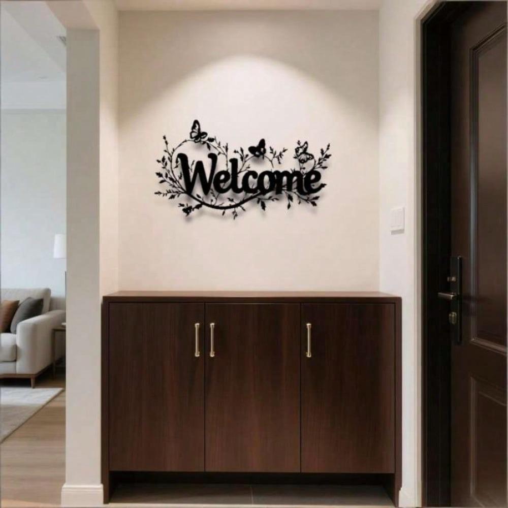 Modern Welcome Sign Metal Wall Art Elegant Cursive Iron with Leaves Openwork Design Black Horizontal Outdoor Durable Home Entrance Decoration Gift