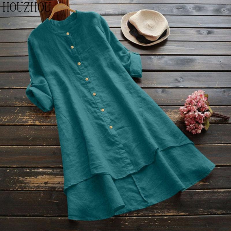 HOUZHOU Solid Cotton Linen Shirt Women Button Round Neck Long Sleeve Shirt Elegant Basic Office Ladies
