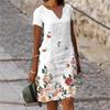 Floral Print Cotton Linen V-Neck Midi Dress, S-5XL, Short Sleeve, 2023 Collection