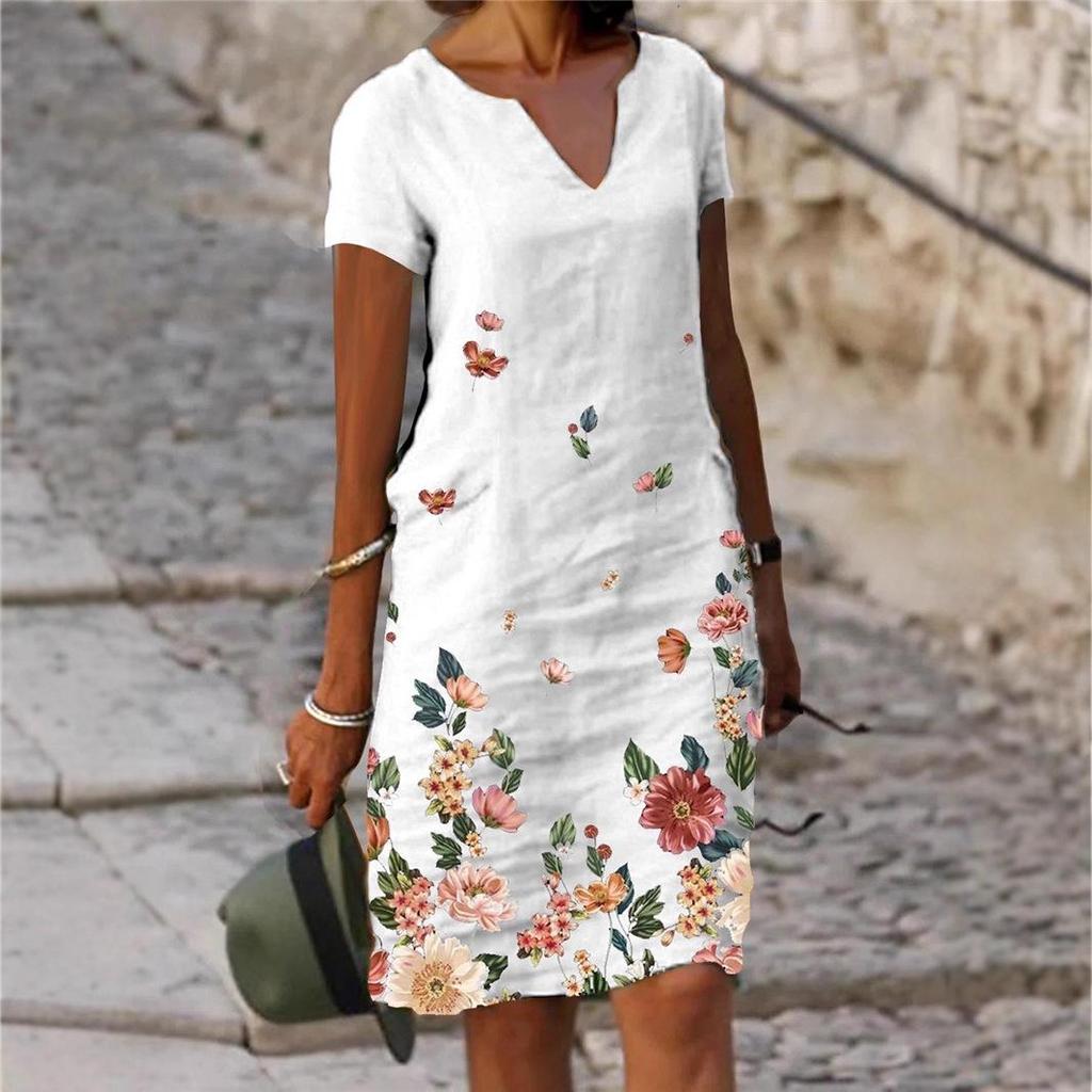 Floral Print Cotton Linen V-Neck Midi Dress, S-5XL, Short Sleeve, 2023 Collection