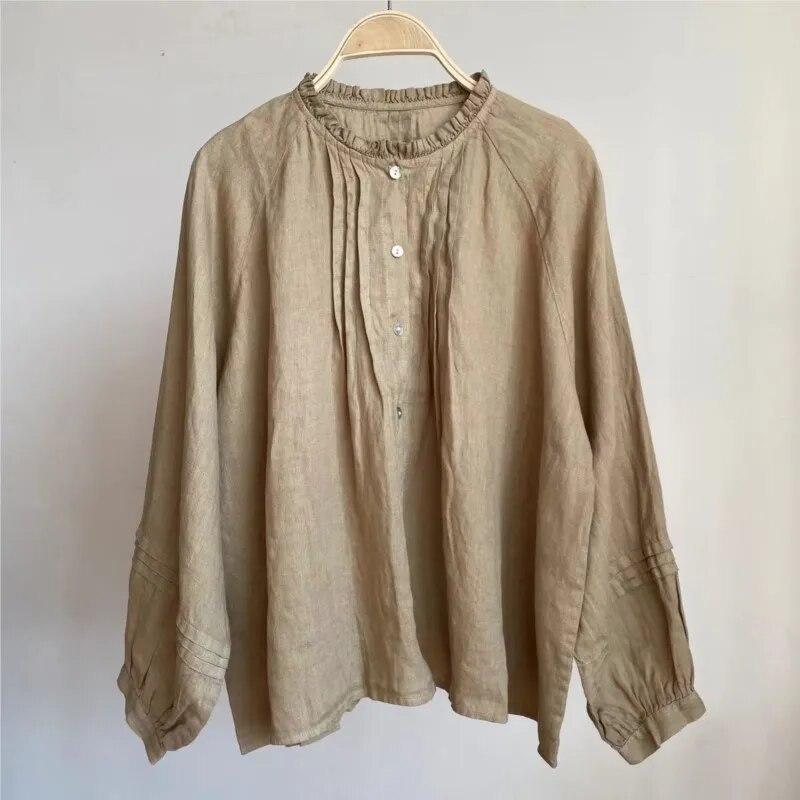 Johnature Bluze de damă cu volane, primăvară, vintage, culoare solidă, plisate, vrac, casual, simple, asortate