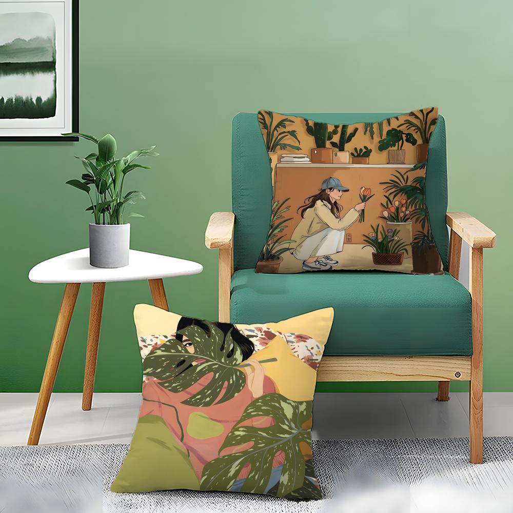 Elegant Simple Flower-Growing Girl Pillow Case Pattern Printed Pillowcase For Living Room Sofa Cushion Cover & Bedroom Decor