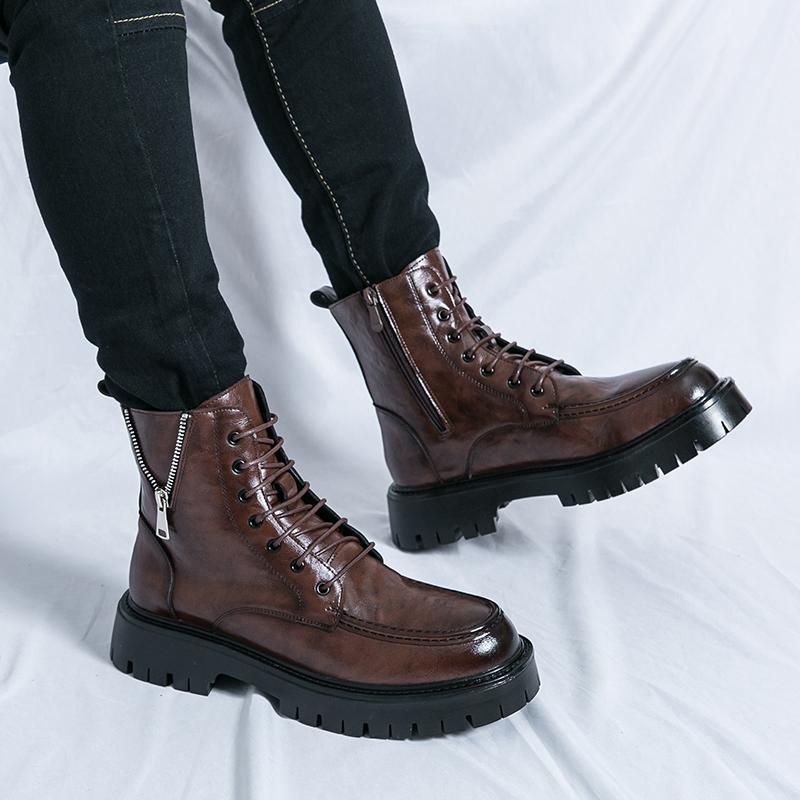 High Top Men Boots PU Solid Color Thick Sole Round Toe Lace Up Motorcycle Cowboy Boots Fashionable and Comfortable Men Boots