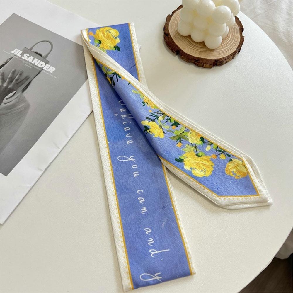 Long Thin Satin Silk Ribbon Scarf Fresh Floral Bag Strap Trendy Hair Tie  for Women