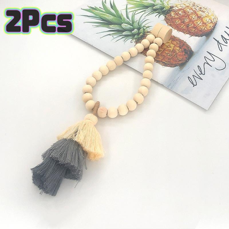 2Pcs Bohemian Curtain Clasp Wooden Bead Magnet Curtain Tie Backs With Tassel For Bedroom And Living Room Home Decoration