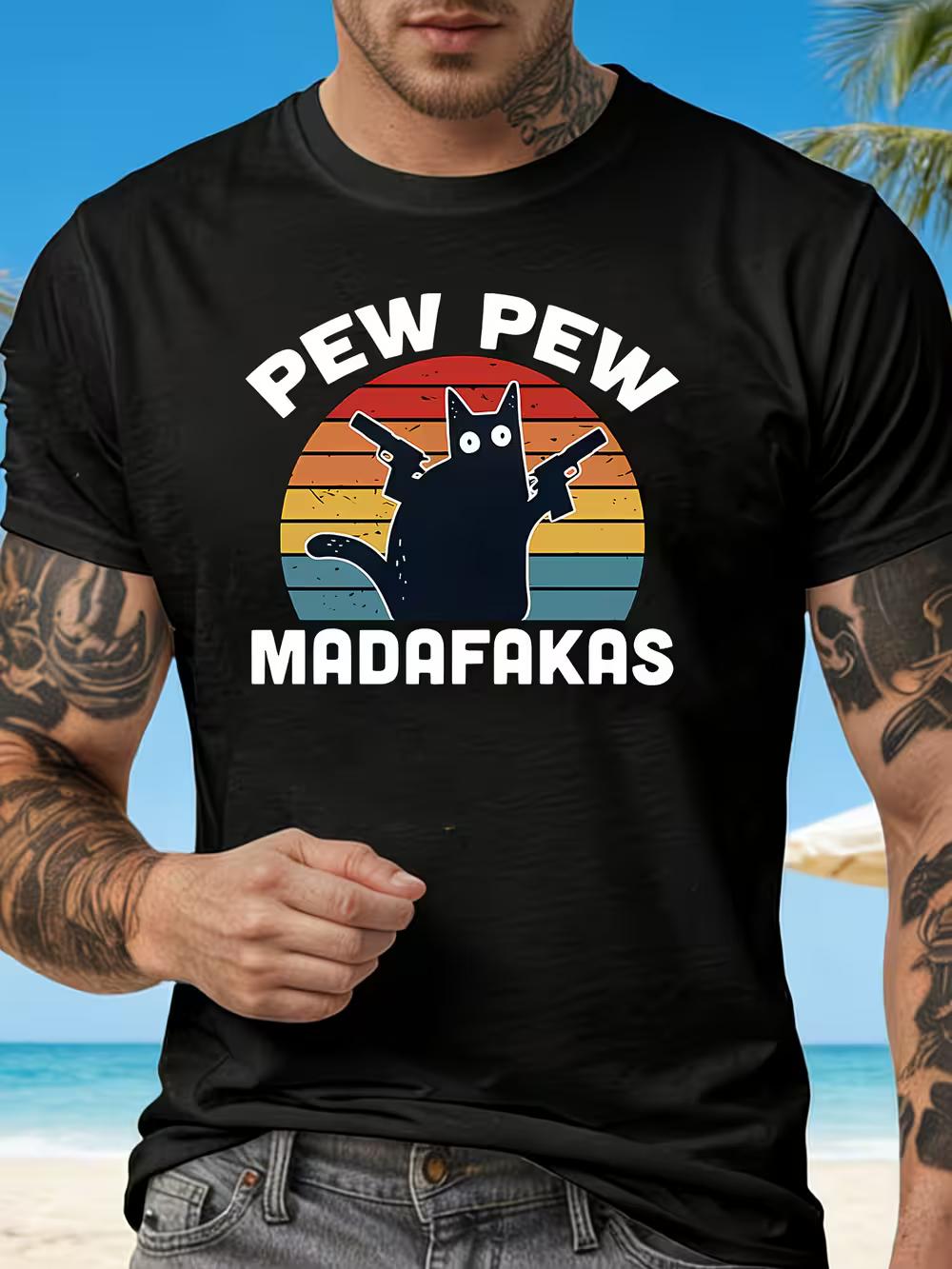 Quirky Double-Gun Black Cat Men S Round Neck T-Shirt with a Black Retro Sunset Print S