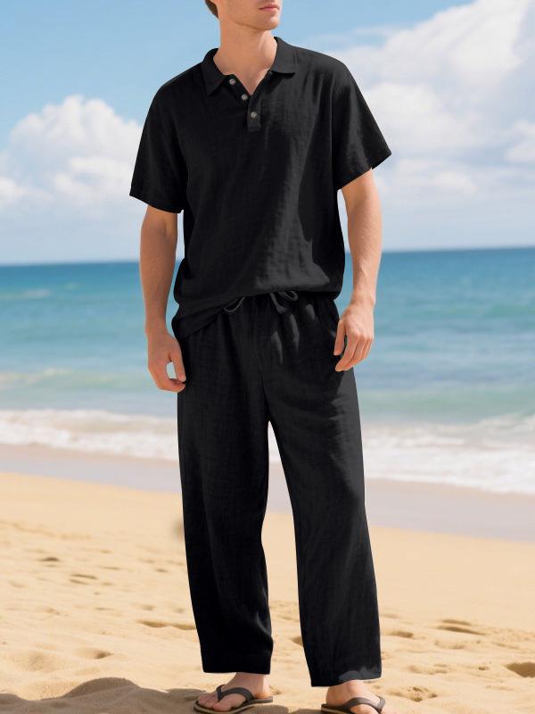 Men's European & American Linen Beach Set: Short-Sleeve Polo Shirt & Long Pants