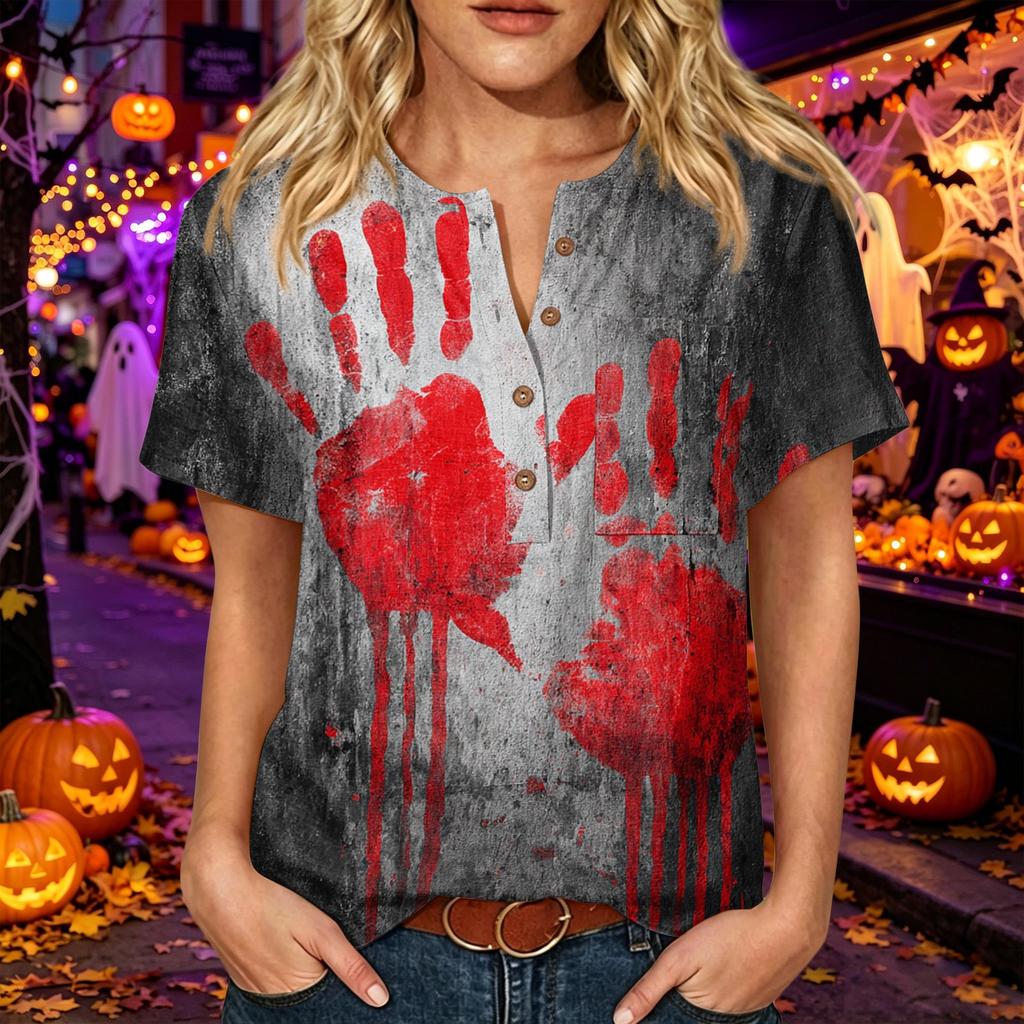 Women's Halloween Print Button Down Short Sleeve Cotton Linen Shirt with Chest Pocket