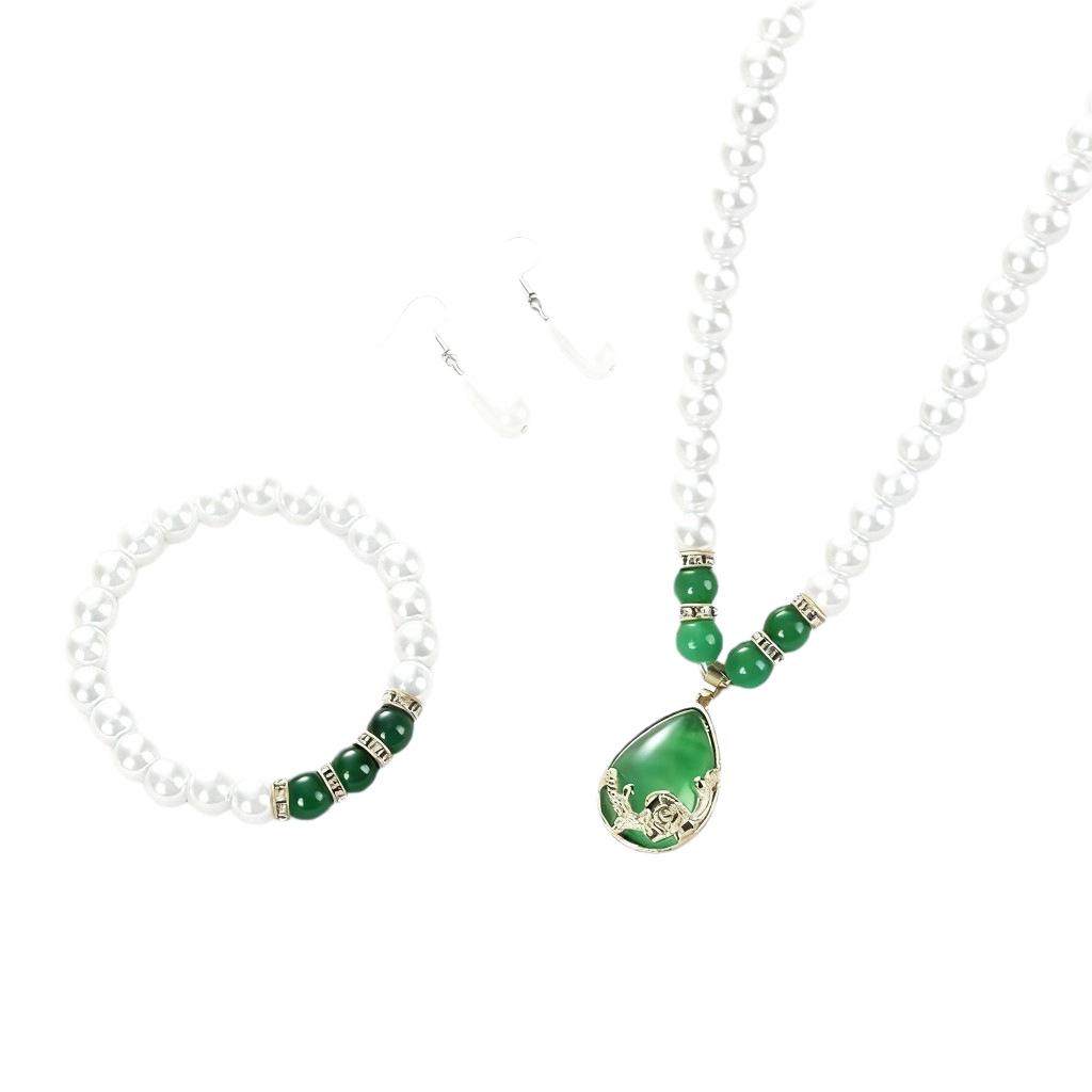 Koreanischer Stil Mama's Smaragd-Halskette & Perlen-Armband Set - Einfaches Muttertagsgeschenk