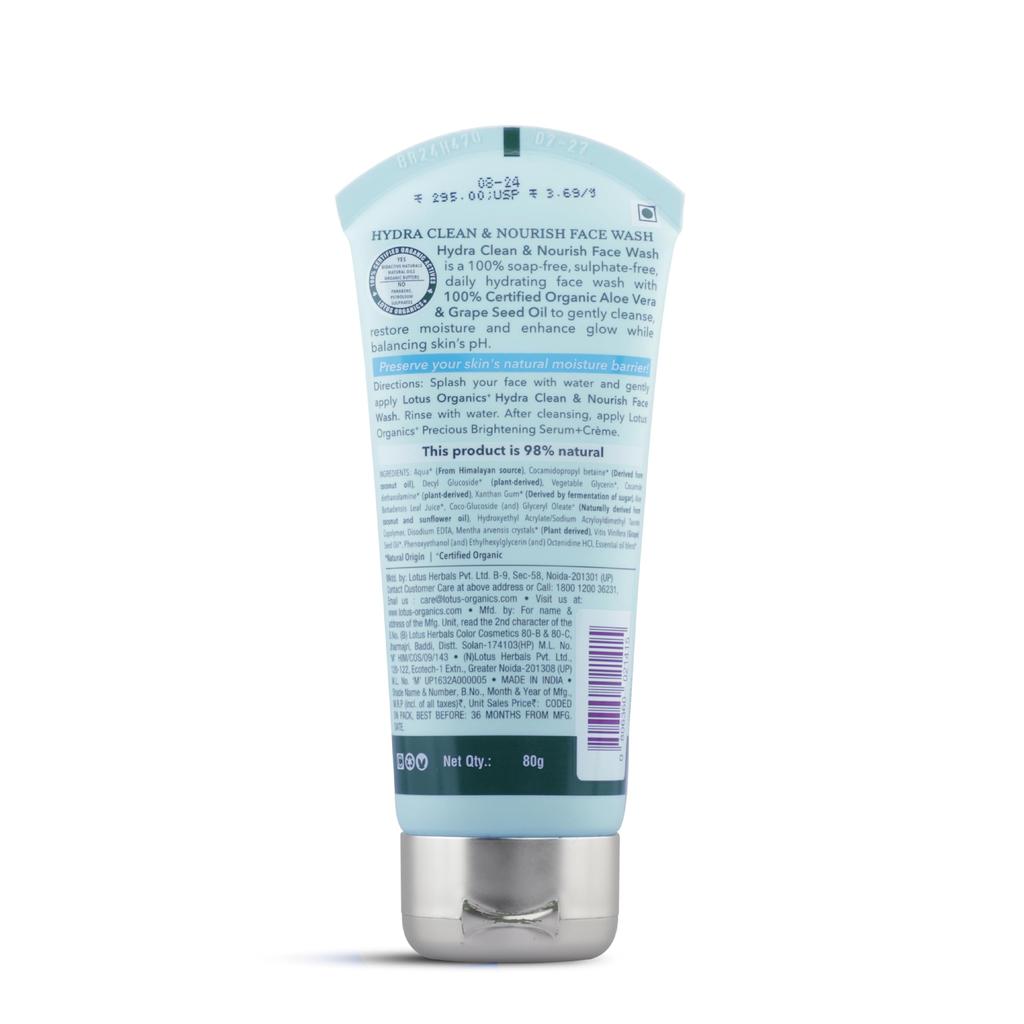 Lotus Organics+ Hydra Clean & Nourish Face Wash for Women & Men | 100% Certified Organic Aloe Vera & Grape Seed | Provides All-day Hydration | Prev