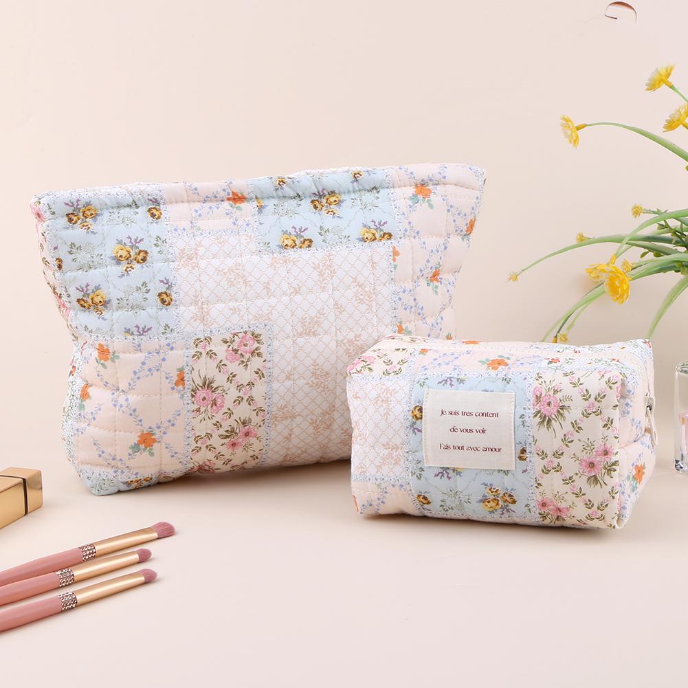 2Pcs Quilted Makeup Bag Floral Cosmetic Bag Soft Makeup Organizer Bag Padded Aesthetic Zipper Pouch Makeup Storage Bag
