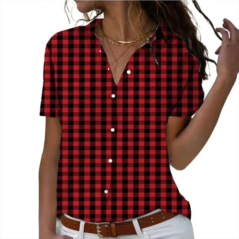 Elegant Women's Short Sleeve Shirts Casual Block Plaid 3D Printed Fashion Turndown Collar Basic Shirts Office Ladies Tops Blouse