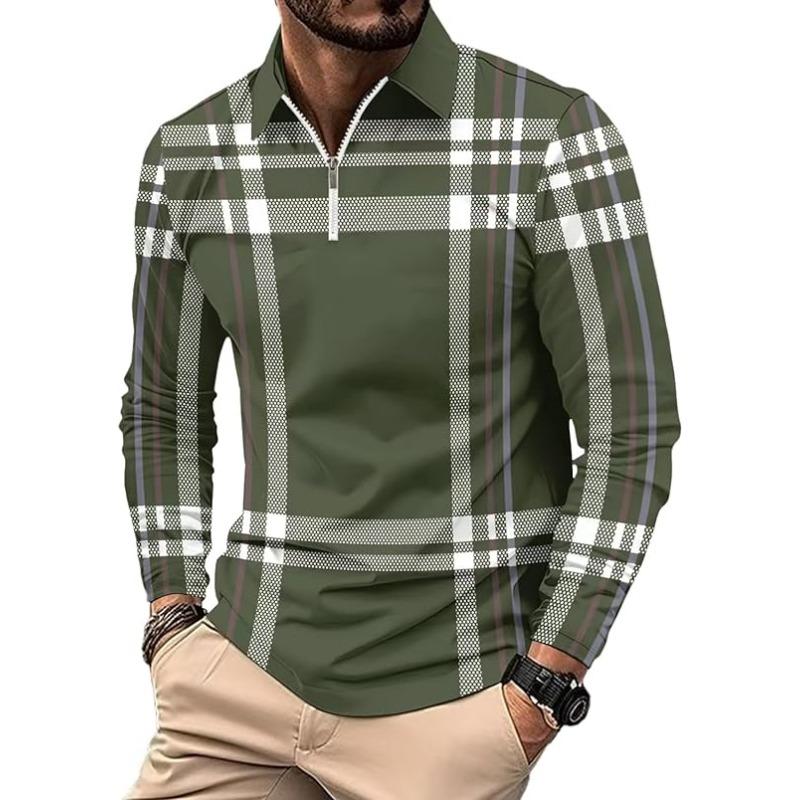 Moda e Lazer 2025 Camisa Polo Masculina de Manga Comprida com Zíper Gola Virada Trabalho de Escritório Estampa Digital