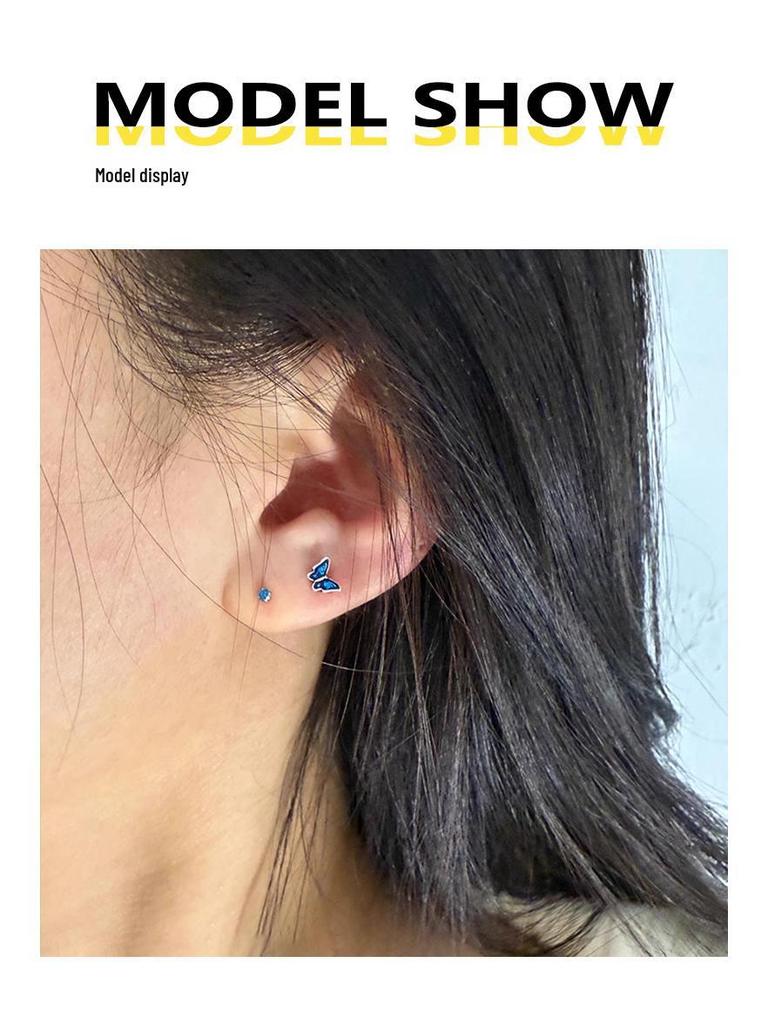 High-End 999 Sterling Silver Blue Butterfly Earrings: Elegant Small Ear Studs for Women