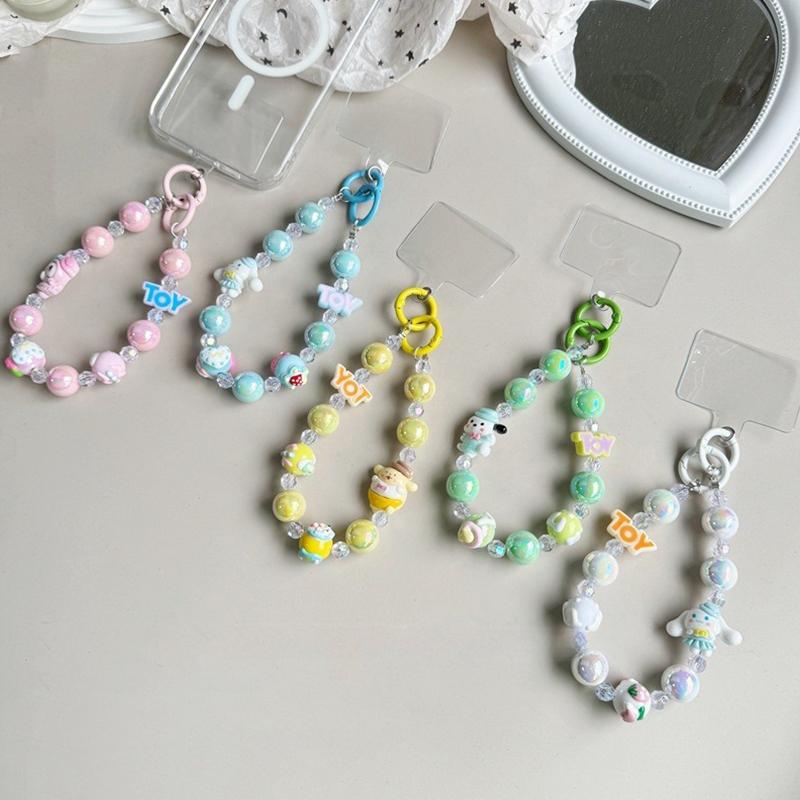 Sanrio Beads Phone Pendant Hello Kitty Kuromi Melody Keychain Wrist Strap Bag Decor Car Keyring W/Card
