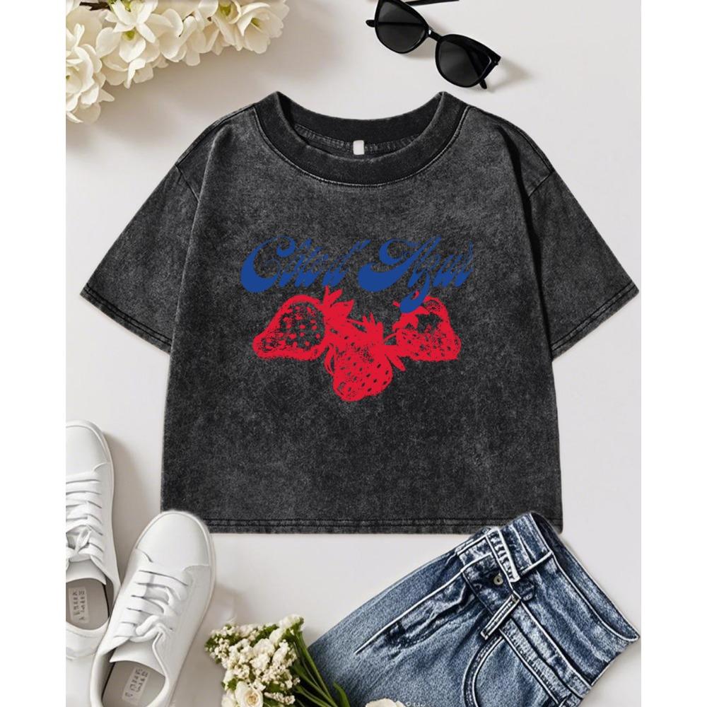 Creative Art Letter Strawberry Fruit Print Washed T Shirt Women Cotton Y2K T-Shirt Slim Crewneck Clothes Comfortable Top