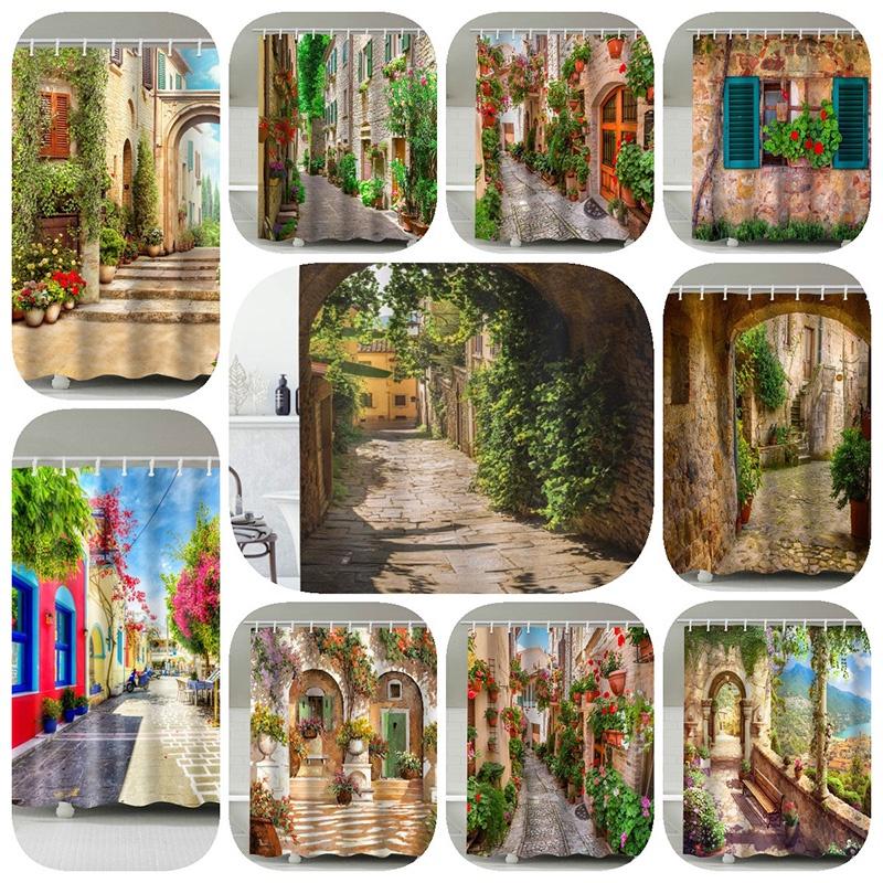 Exquisite Floral Street Duschvorhang Wasserdichter Polyester Badevorhang Für Badezimmer Deko