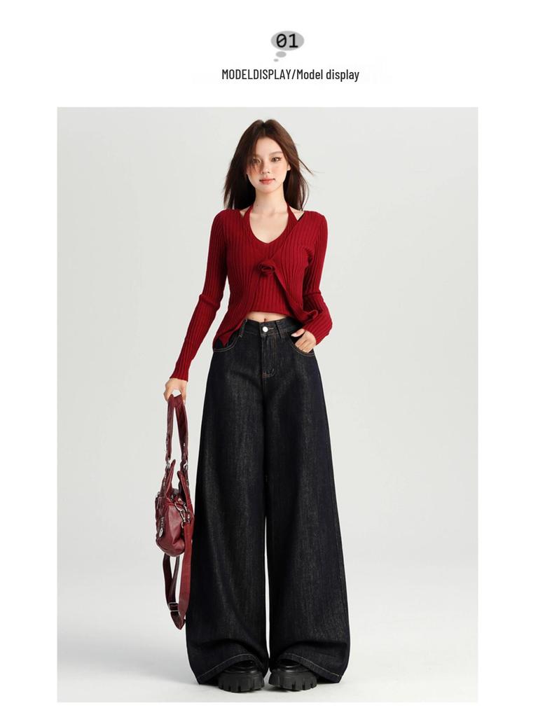 Damen 2024 Herbst Dunkelblaue High-Waist Wide-Leg Jeans - Bodenlang, Lockere Passform.