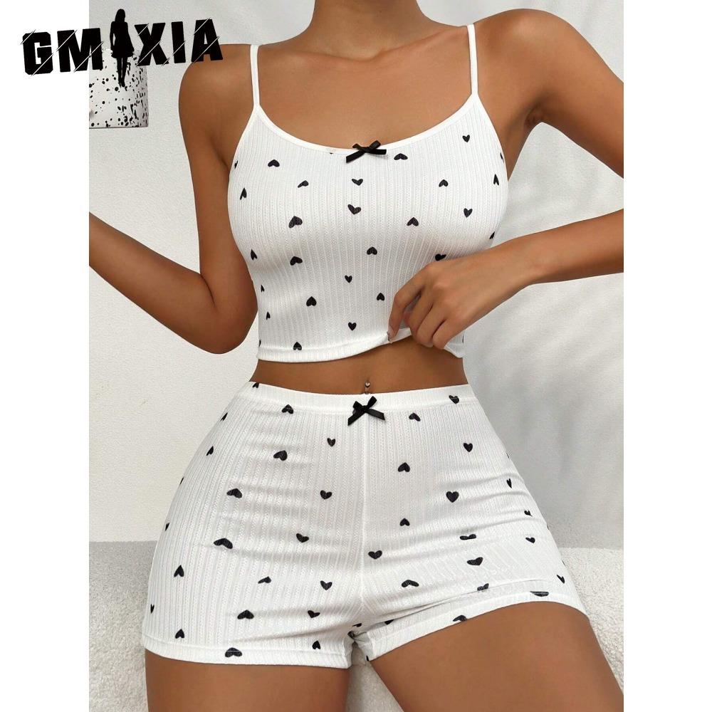 GMXIA Summer Homewear Heart-shaped Printing Bow Halter Home Leisure Suit Pajamas