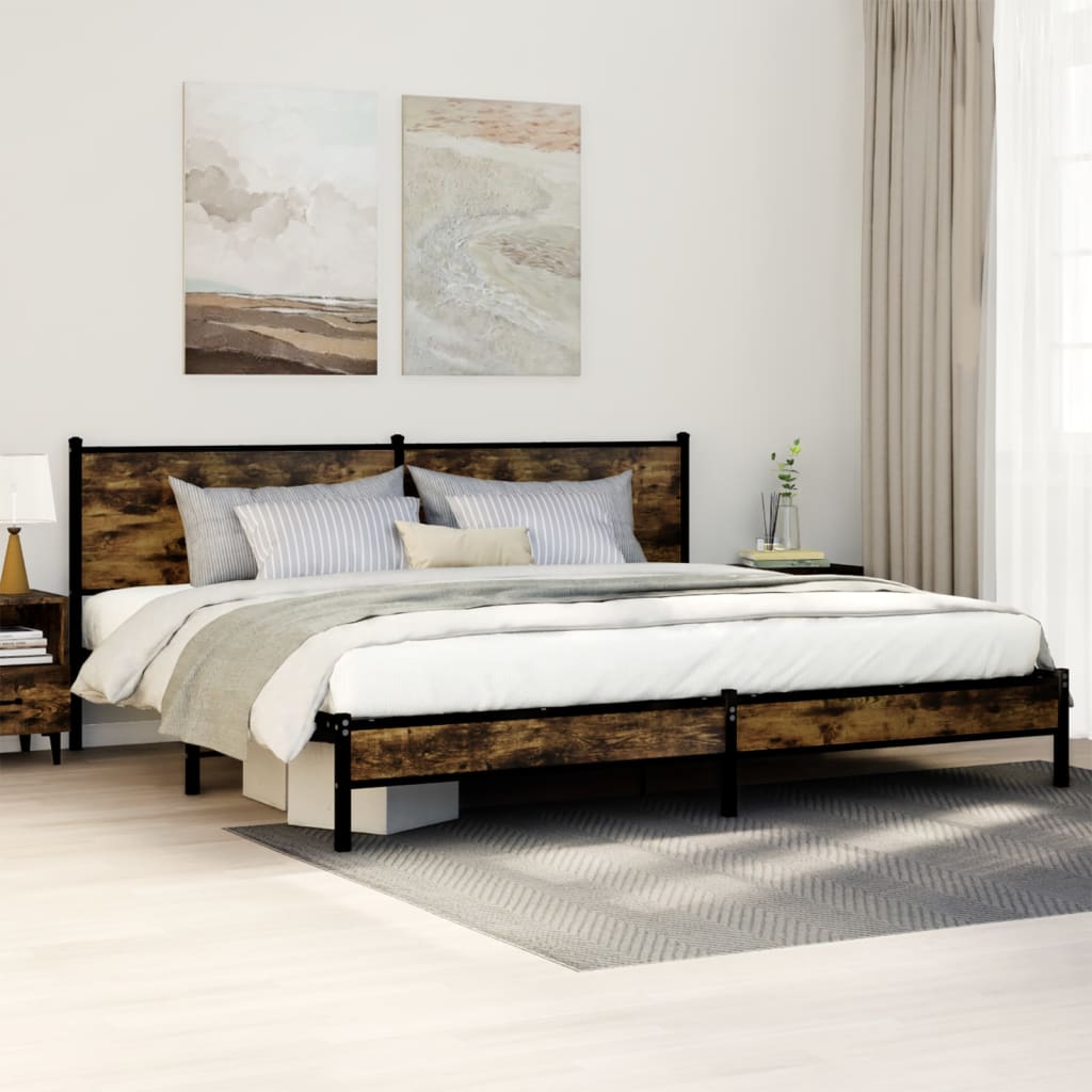 Metal Bed Frame Without Mattress Smoked Oak Finish 193 X 203 Cm