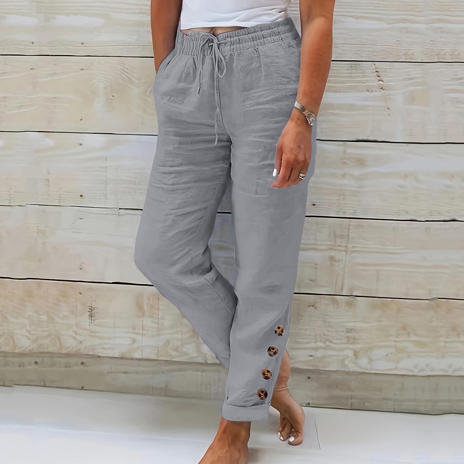

Женские летние эластичные поясные карманы с карманами, однотонные хлопковые льняные широкие брюки, свободные брюки с девятью очками XXXL серый