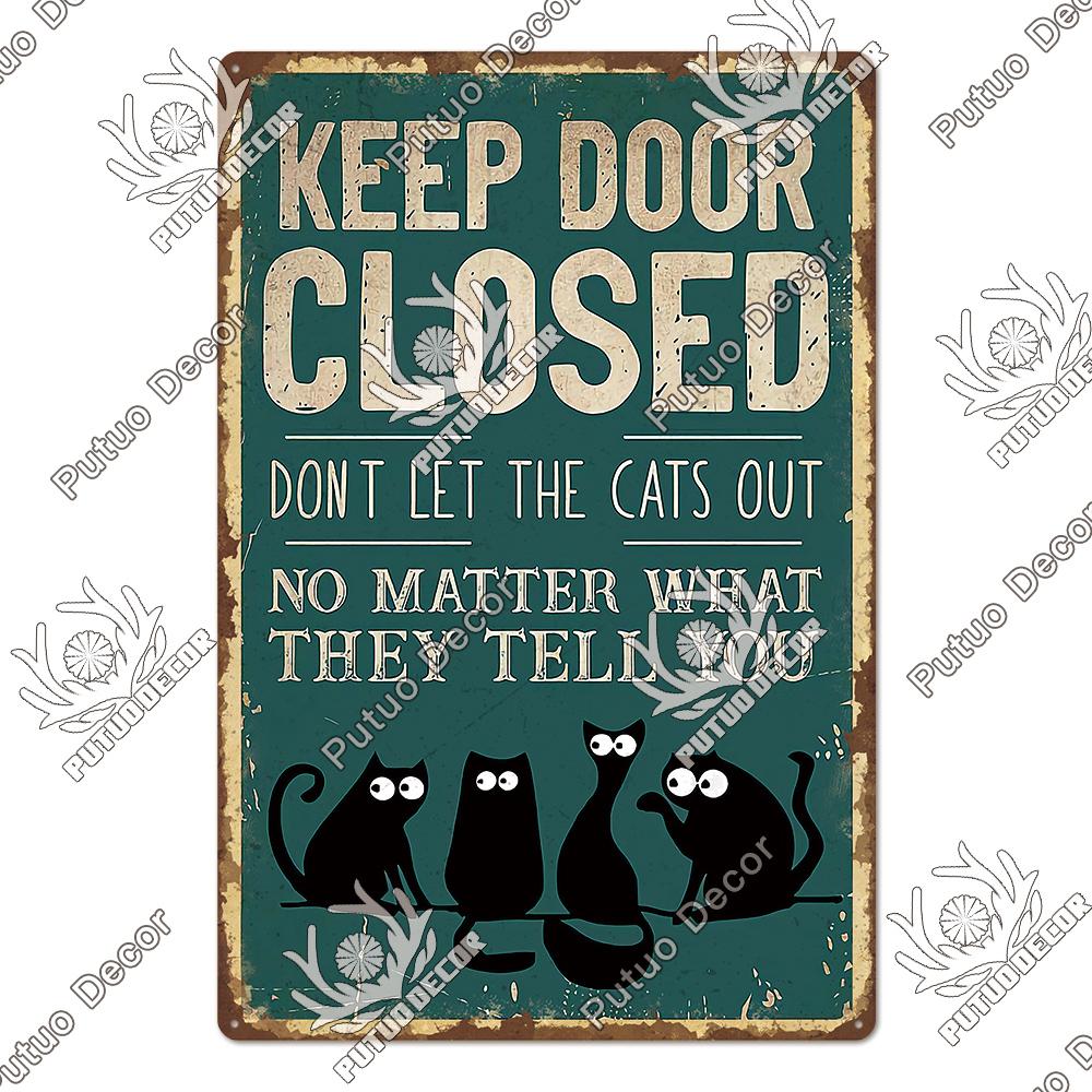 Putuo Decor Cute Black Cat Vintaget Plaque Metal Sign Vintage Tin Sign Poster Decoration for Living Room Barthroom Wall Decor