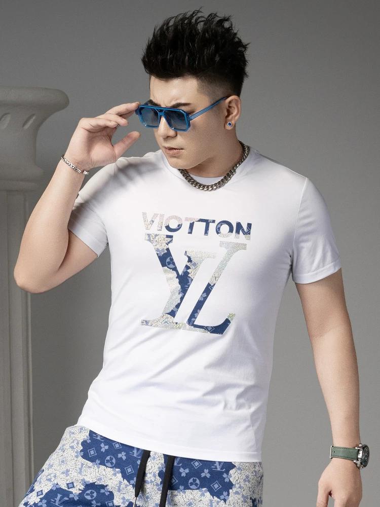 European High-End Printed Rhinestone Short-Sleeve T-Shirt Trendy Brand Top 2025 New Summer Men's Slim-Fit Half-Sleeve Tee