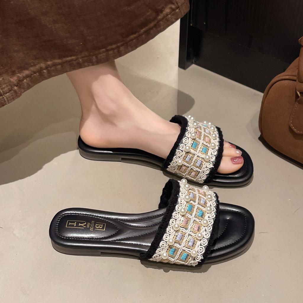 New Chinese slippers women's 2025 new summer outer wear home national style disc buckle gentle temperament with skirt flat bottom cool slippers