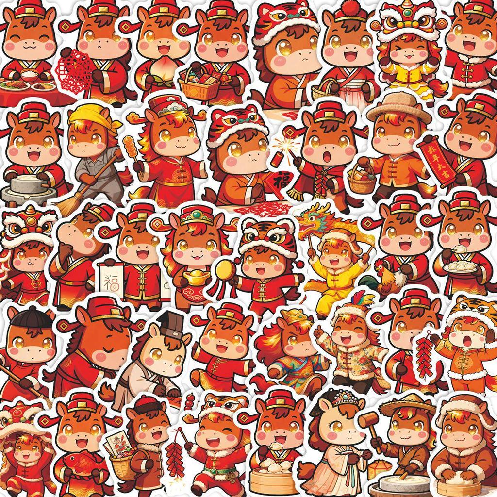 55 Sheets Chinese New Year Horse Cartoon DIY Waterproof Stickers for Journals, Guitars, and Skateboards