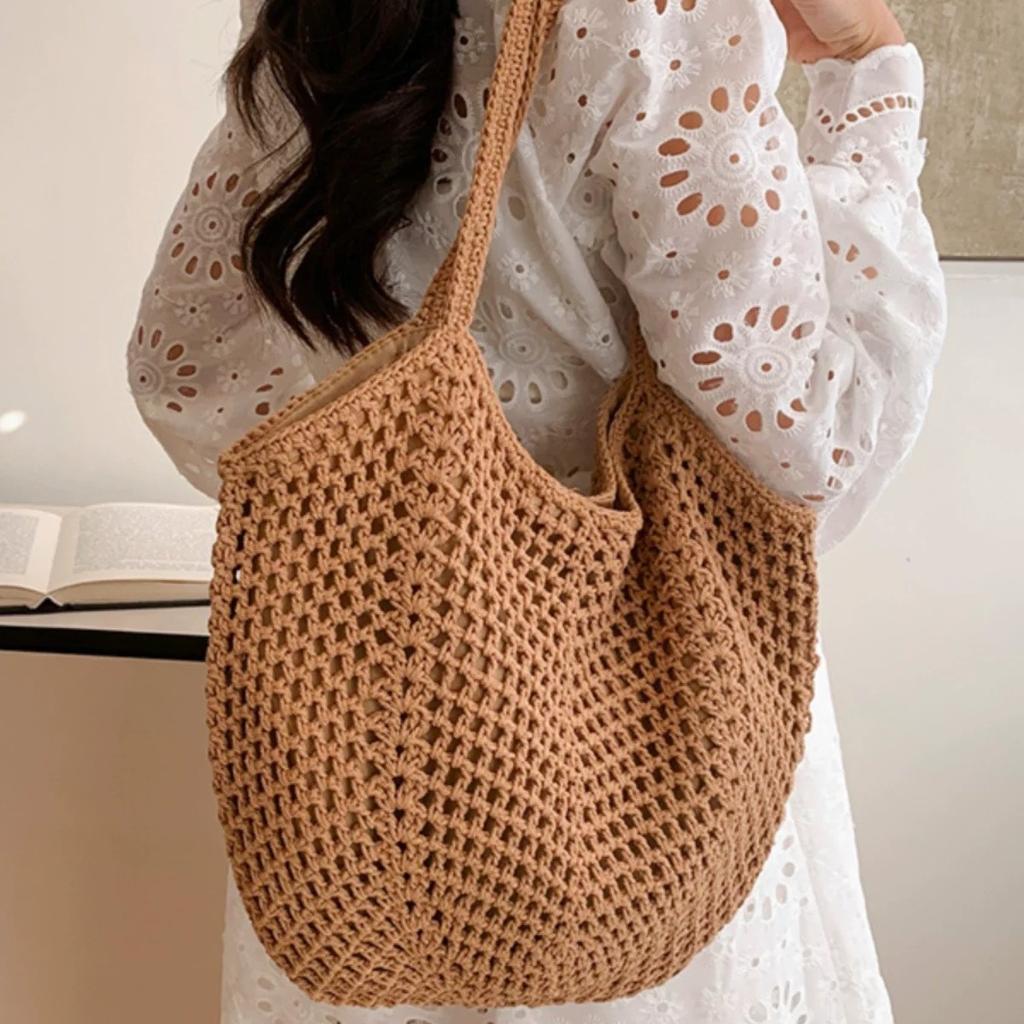 Cotton Rope Woven Straw Bag Women's New Large-capacity Spring and Summer Versatile Leisure Shoulder Seaside Vacation Beach Bag