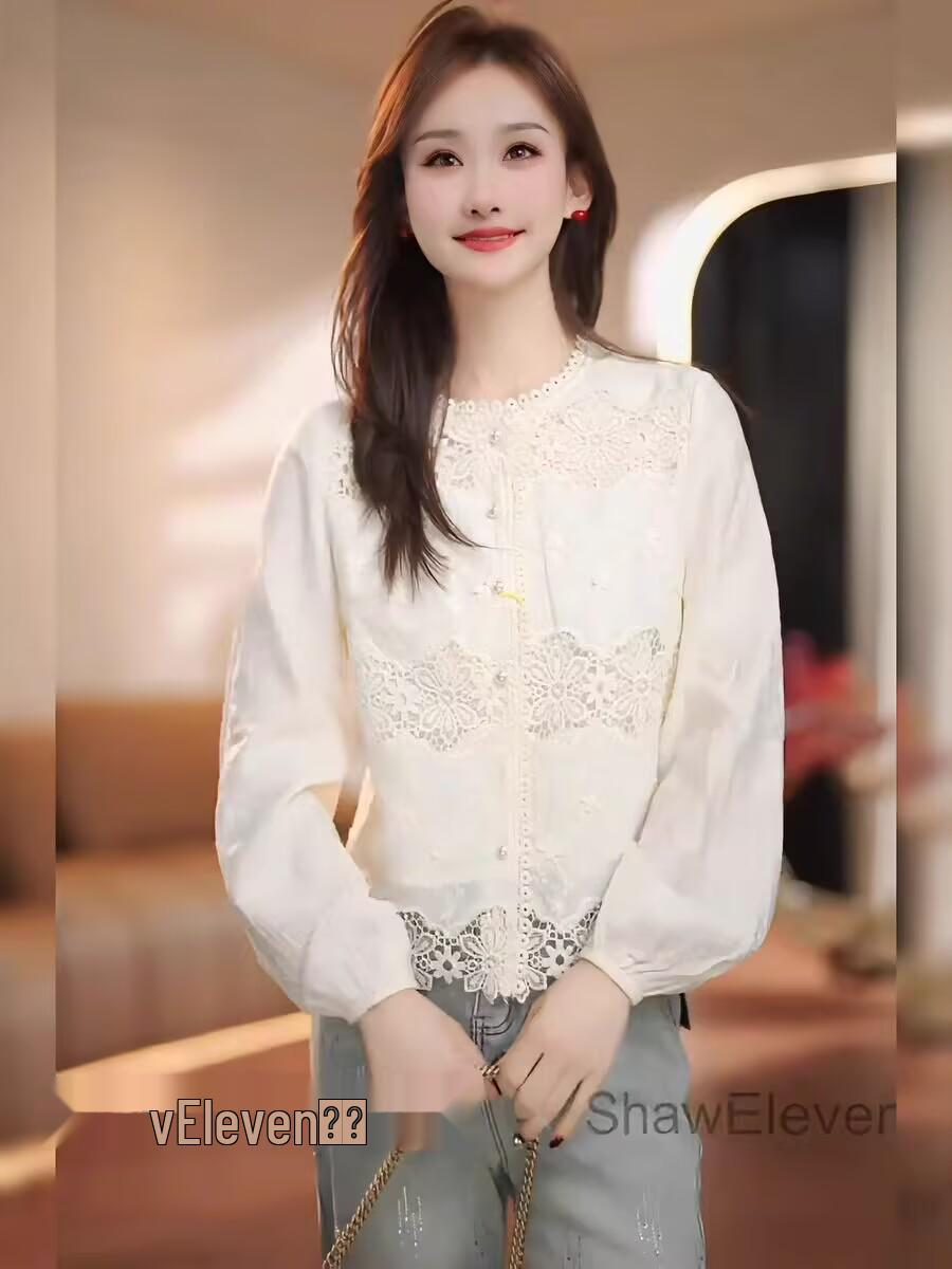 

New Spring Women s Chinese Style Lace Trim Shirt - Elegant, Youthful White Top L (108-118 cm)